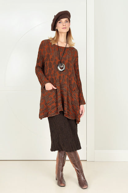 Flared Pockets Crinkled Aged Copper Circle Silk Linen Tunic 7