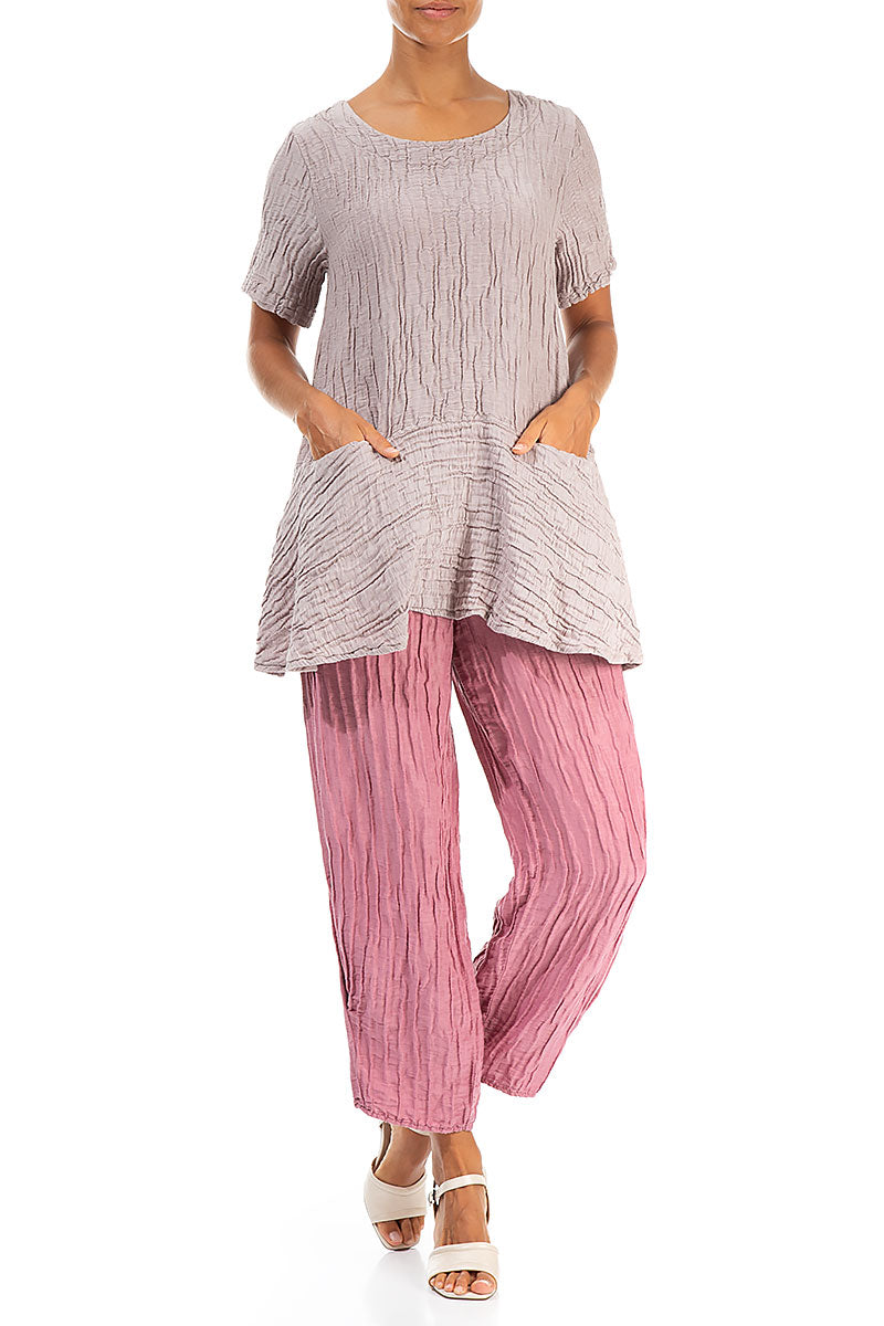 Flared Pockets Crinkled Greige Silk Linen Blouse 4