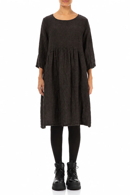 Flared Truffle Brown Mélange Linen Midi Dress