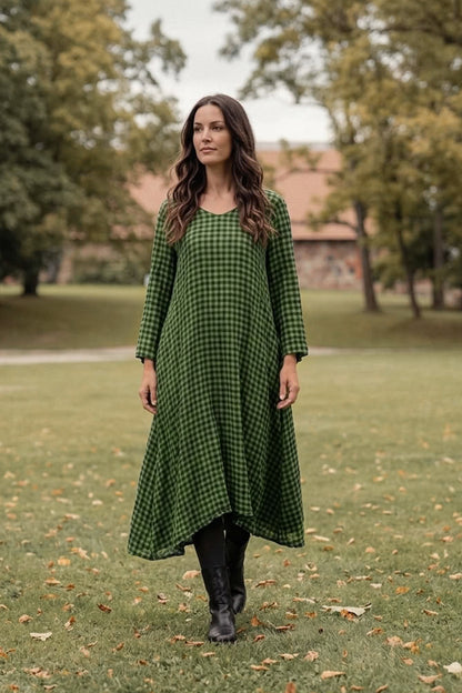 Floaty Shamrock Green Check Linen Midi Dress 1