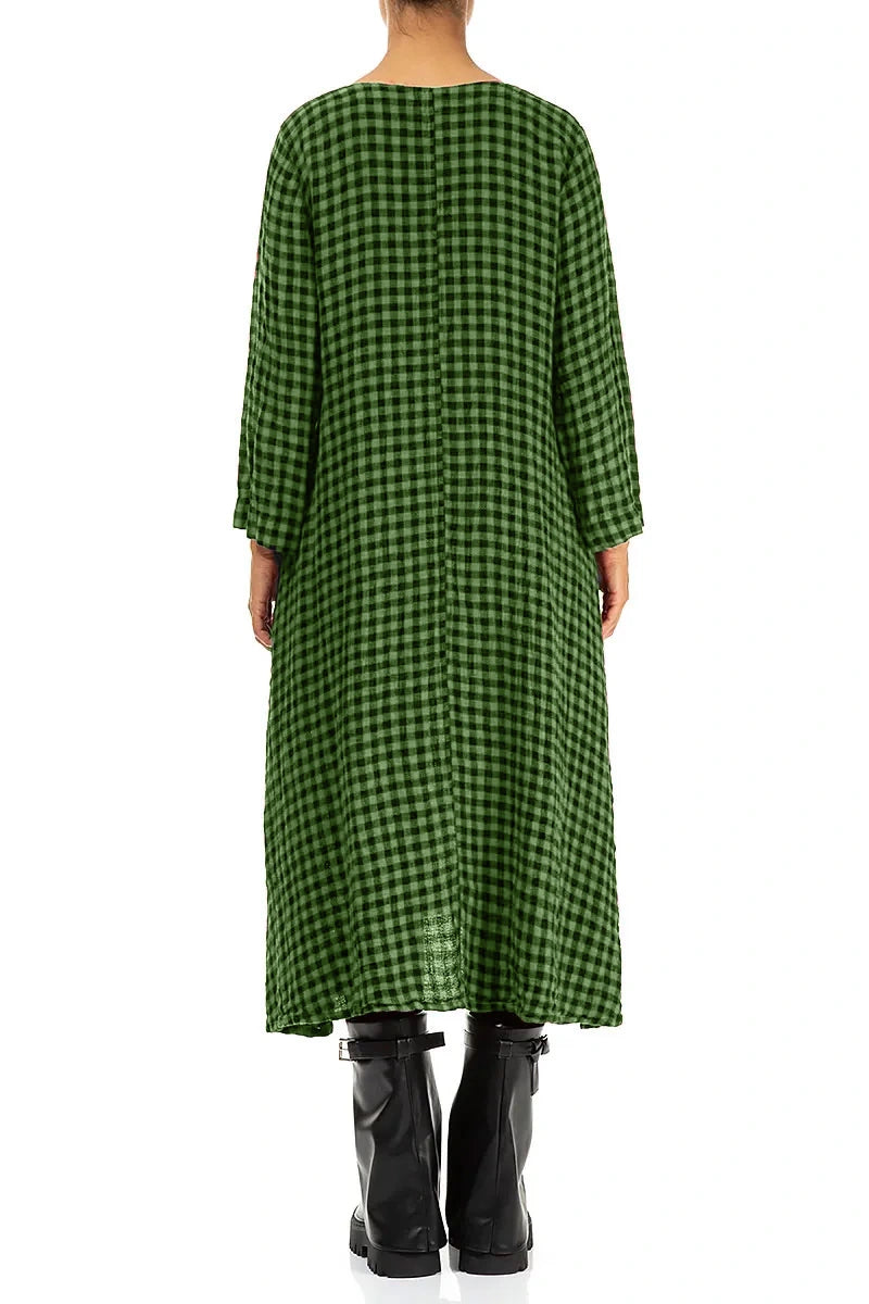 Floaty Shamrock Green Check Linen Midi Dress 2