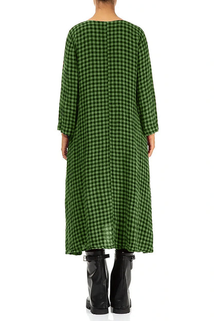 Floaty Shamrock Green Check Linen Midi Dress 2