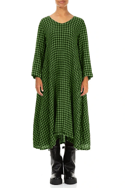 Floaty Shamrock Green Check Linen Midi Dress 1