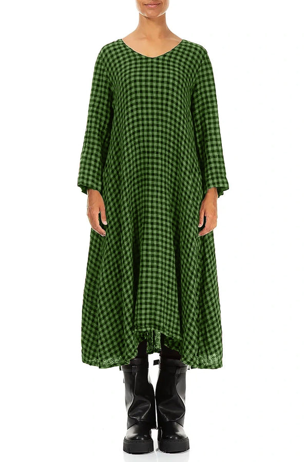 Floaty Shamrock Green Check Linen Midi Dress 1