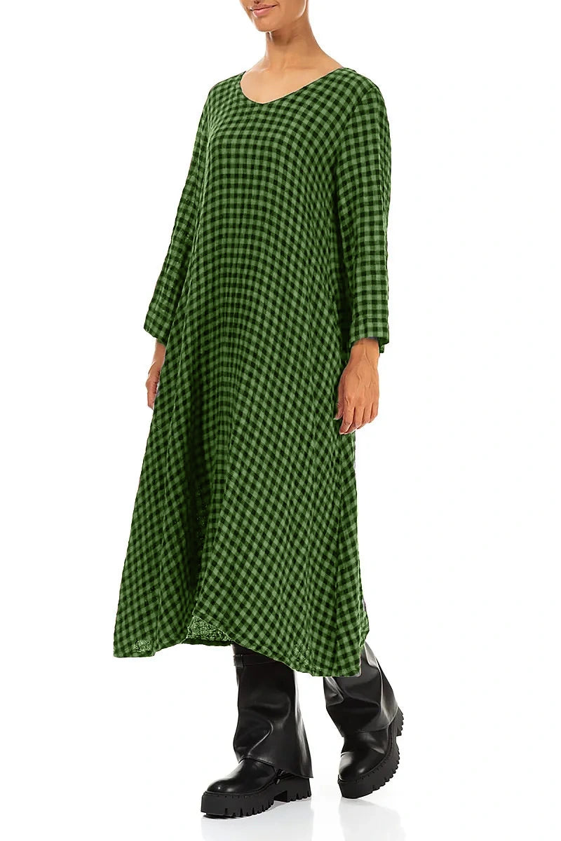 Floaty Shamrock Green Check Linen Midi Dress 4