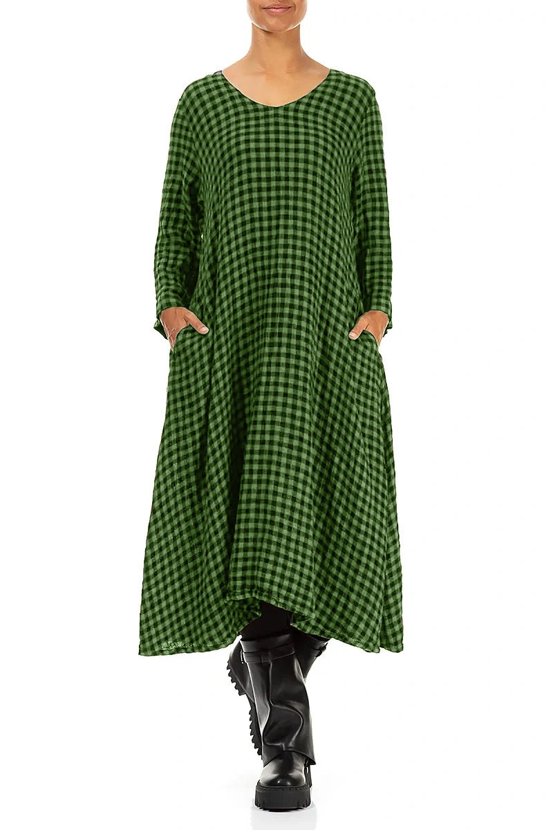 Floaty Shamrock Green Check Linen Midi Dress 3