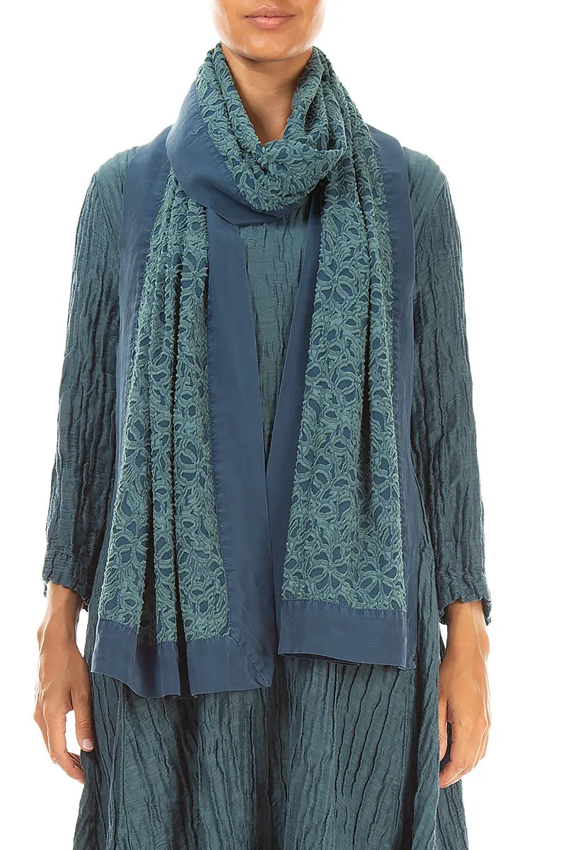 Floral Deep Turquoise Silk Chiffon Scarf 1