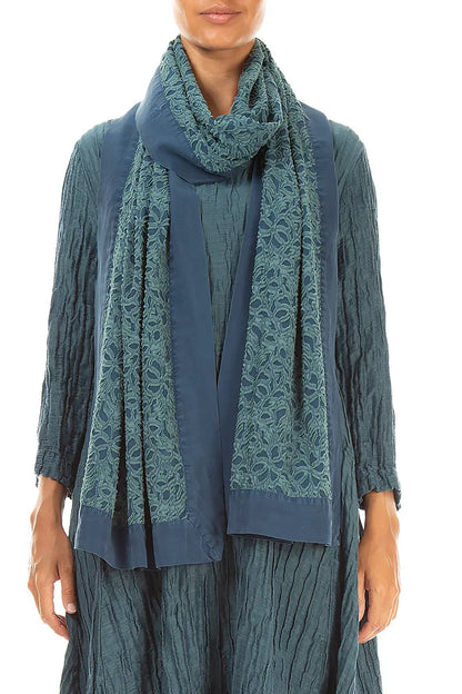 Floral Deep Turquoise Silk Chiffon Scarf 1