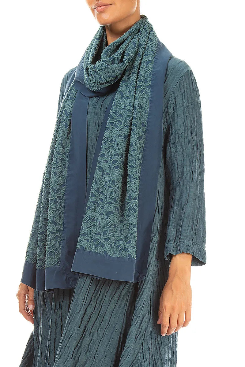 Floral Deep Turquoise Silk Chiffon Scarf 3
