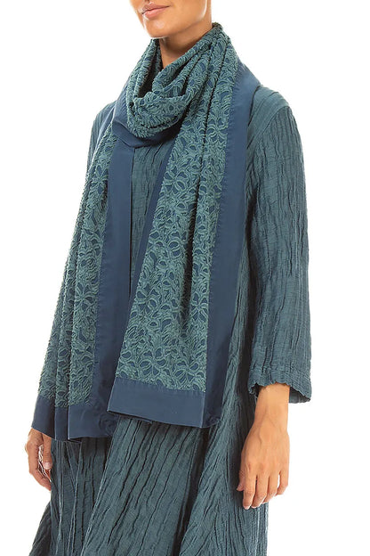 Floral Deep Turquoise Silk Chiffon Scarf 3