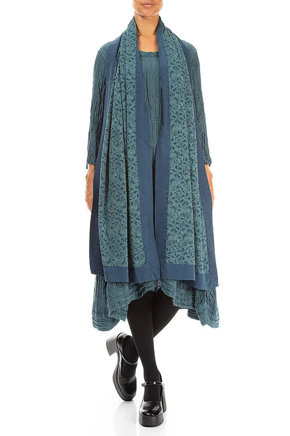 Floral Deep Turquoise Silk Chiffon Scarf 2