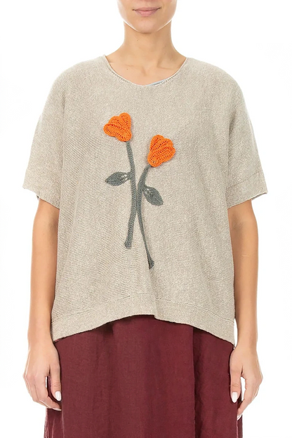 Floral Detail Natural Linen Knit Blouse 1