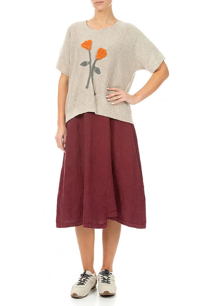Floral Detail Natural Linen Knit Blouse 4