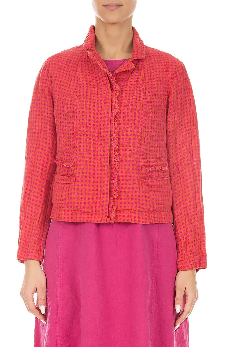 Frayed Edge Pink Orange Check Linen Jacket 1