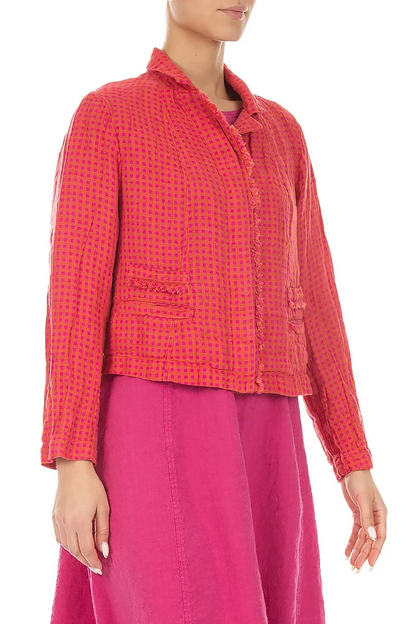 Frayed Edge Pink Orange Check Linen Jacket 3
