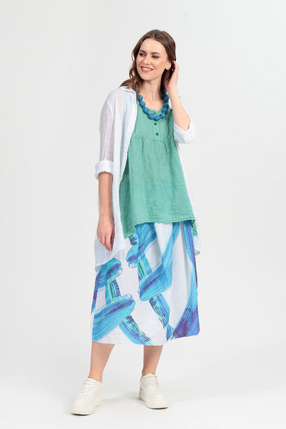 Frayed Hem Blue Brushstroke Linen Skirt 6