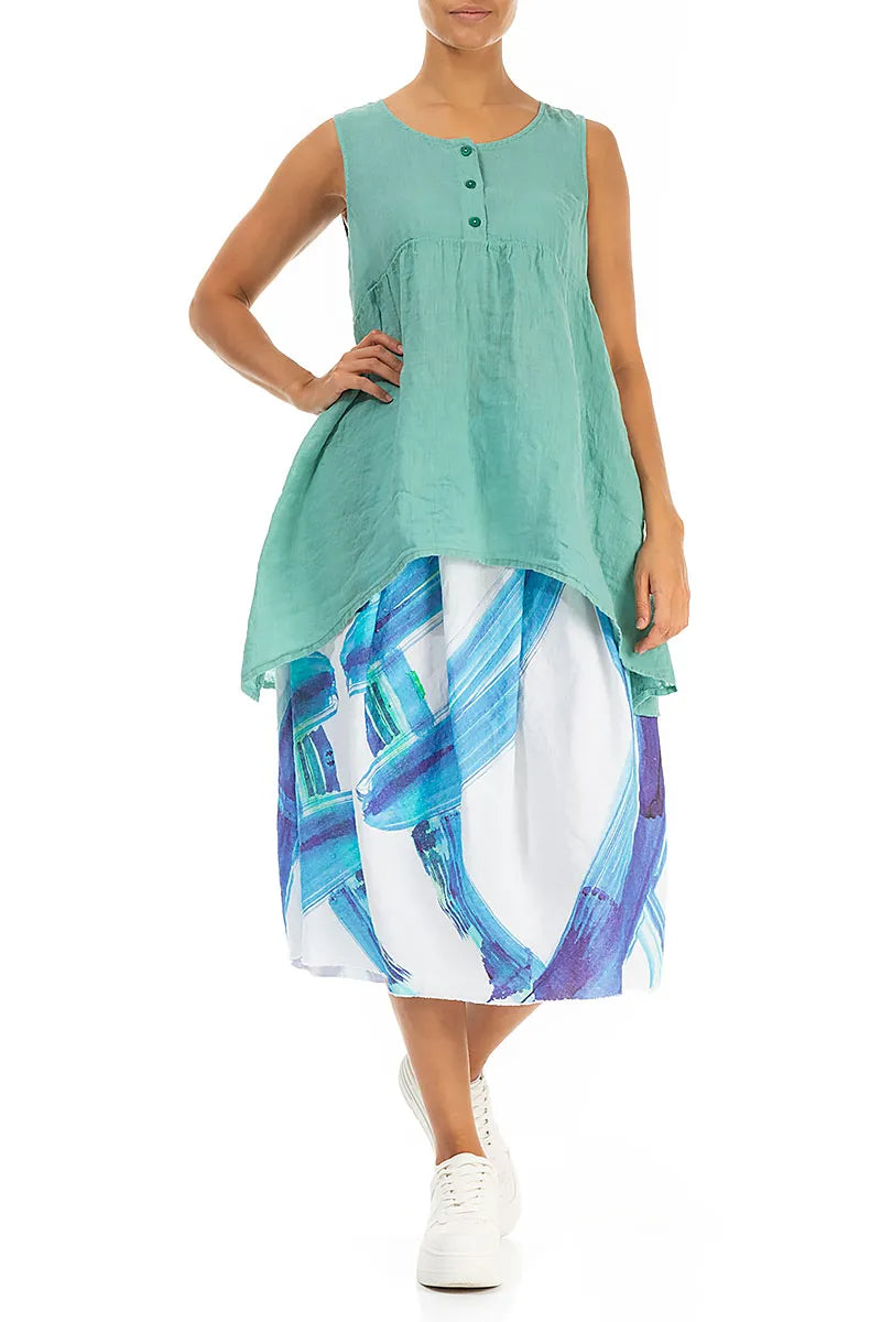 Frayed Hem Blue Brushstroke Linen Skirt 4