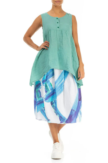 Frayed Hem Blue Brushstroke Linen Skirt 4