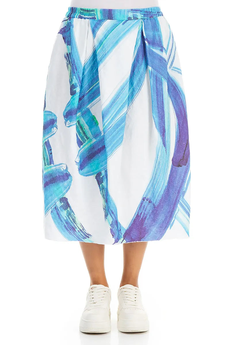 Frayed Hem Blue Brushstroke Linen Skirt 1