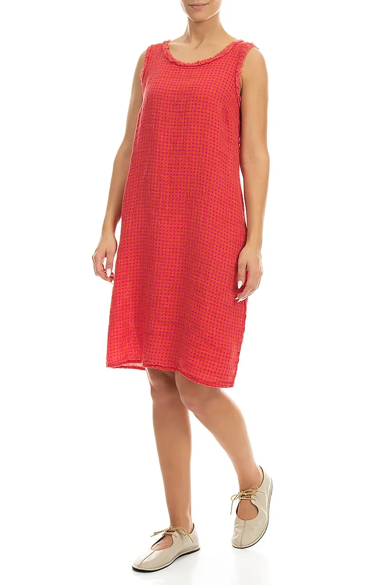 Frayed Neckline Sleeveless Pink Orange Check Linen Dress 3