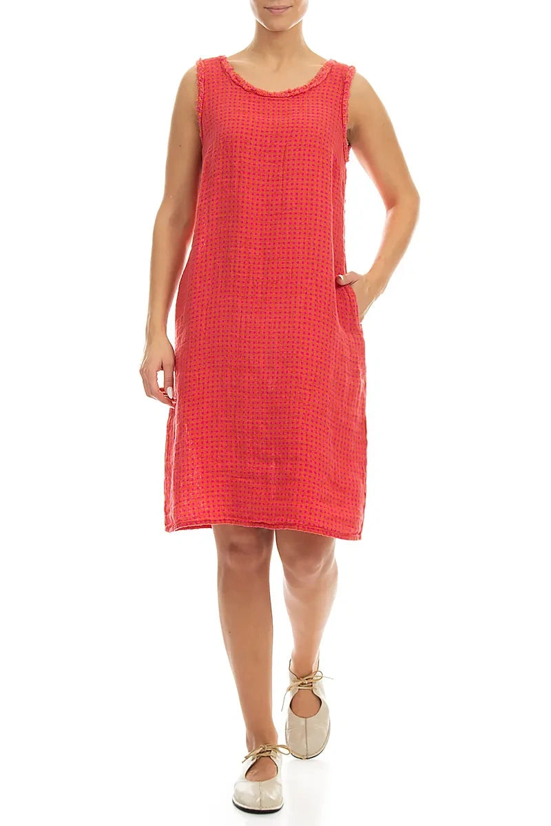 Frayed Neckline Sleeveless Pink Orange Check Linen Dress 4