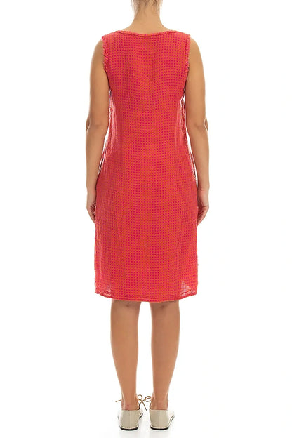 Frayed Neckline Sleeveless Pink Orange Check Linen Dress 2