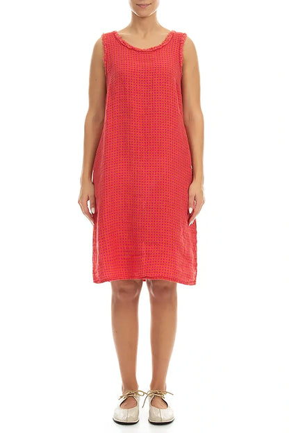 Frayed Neckline Sleeveless Pink Orange Check Linen Dress 1