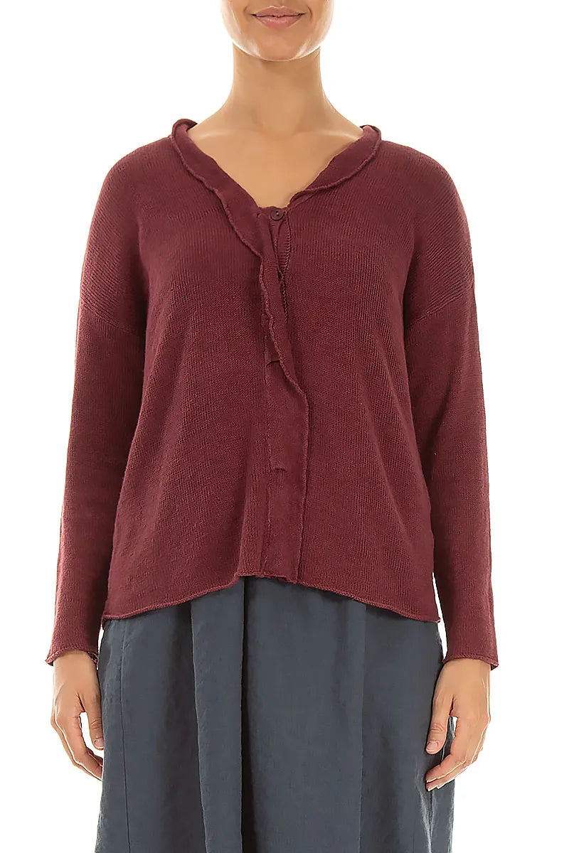 Frilled Neck Antique Ruby Linen Cardigan 1