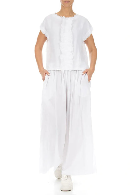 Front Ruffle White Linen Blouse 4