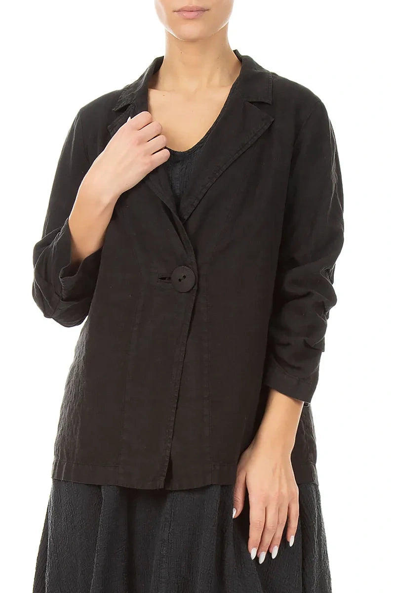 Gathered Black Linen Blazer Jacket 3