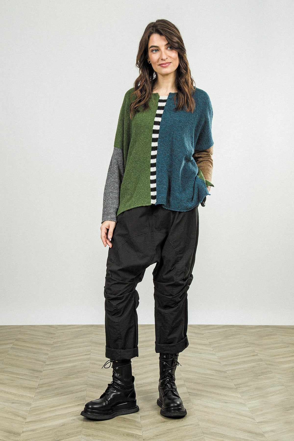 Gathered Knee Black Cotton Twill Trousers
