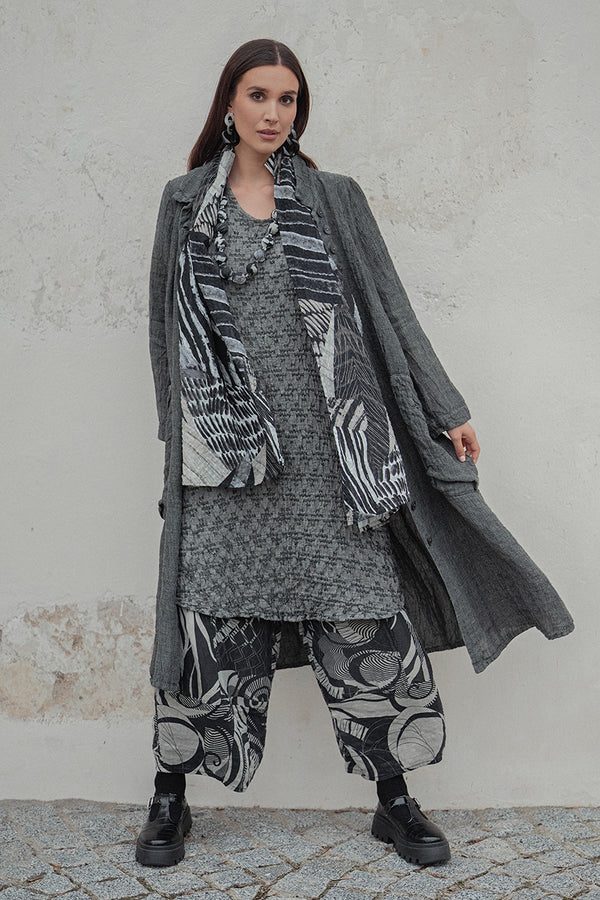 Geometric Texture Olive Grey Linen Dress