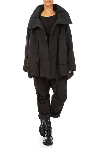 High Collar Black Cotton Puffer Coat 6