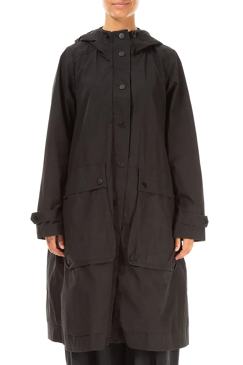 Hooded Flared Black Cotton Coat 1