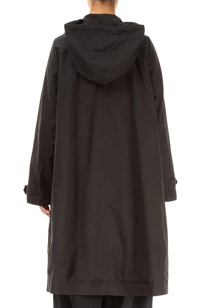 Hooded Flared Black Cotton Coat 2