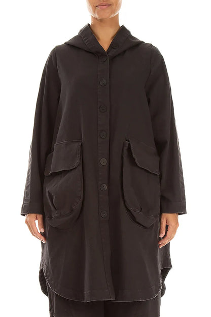Hooded Charcoal Stretch Cotton Coat 1