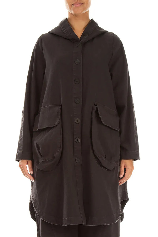 Hooded Charcoal Stretch Cotton Coat 1