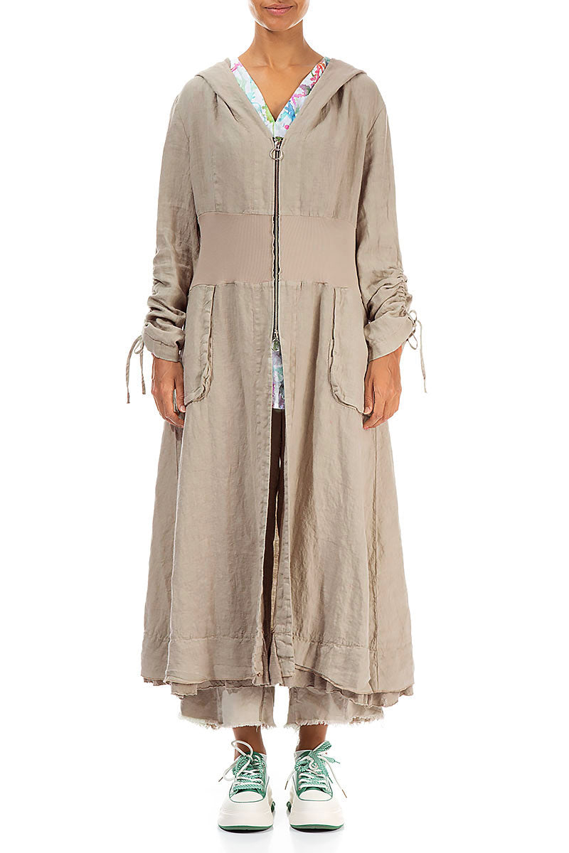Hooded Gathered Sleeves Beige Linen Jacket 2
