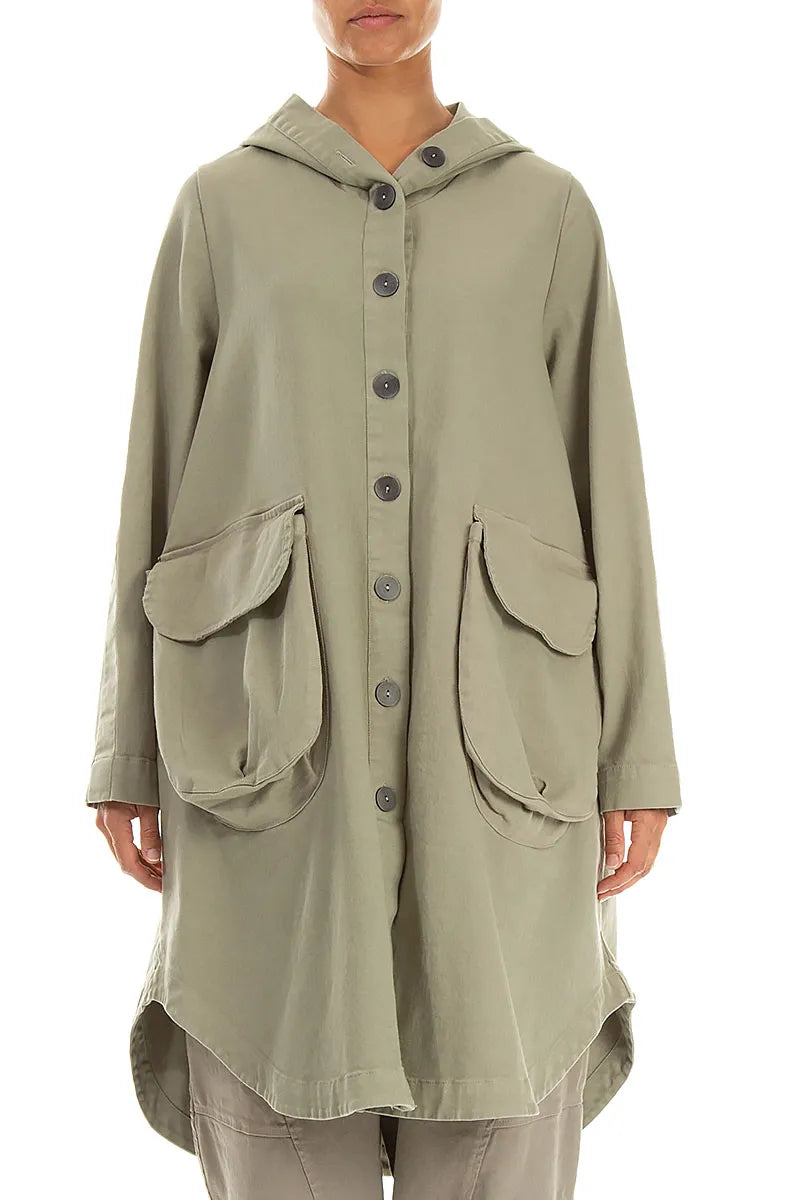 Hooded Olive Grey Stretch Cotton Coat 1