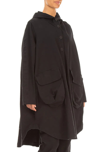 Hooded Black Stretch Cotton Coat 3