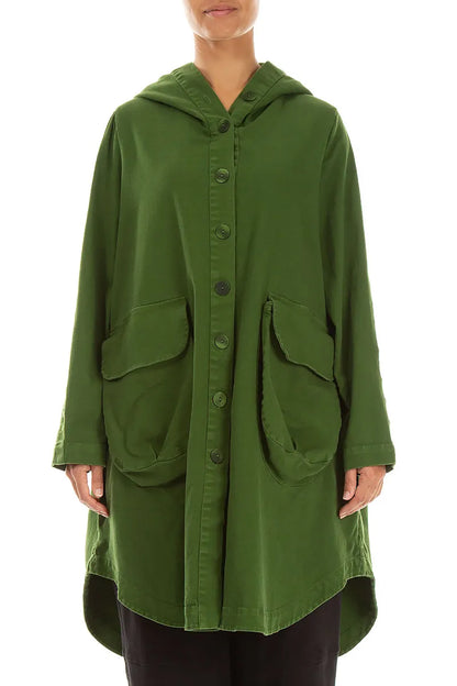 Hooded Shamrock Green Stretch Cotton Coat 1