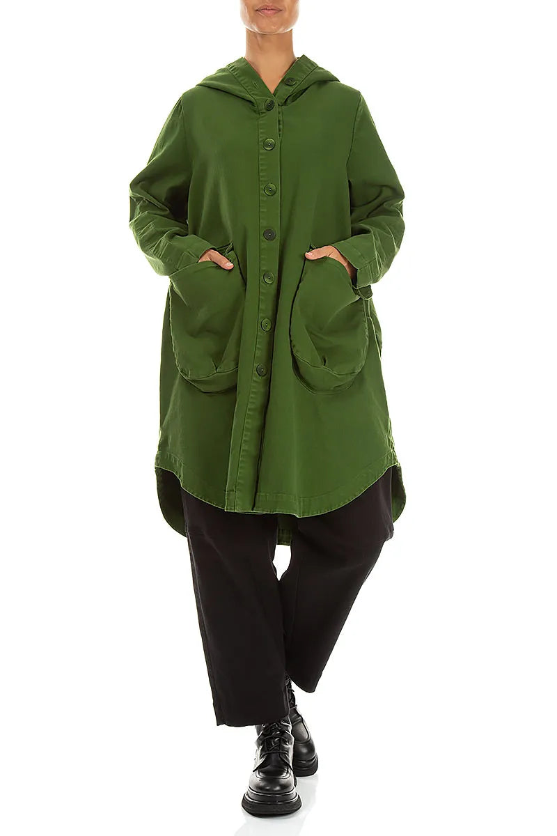 Hooded Shamrock Green Stretch Cotton Coat 4