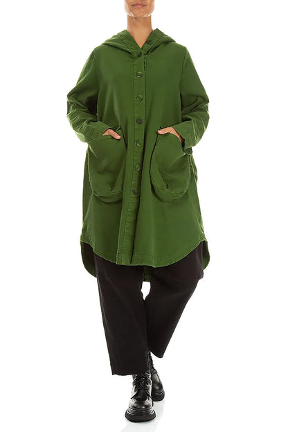 Hooded Shamrock Green Stretch Cotton Coat 4
