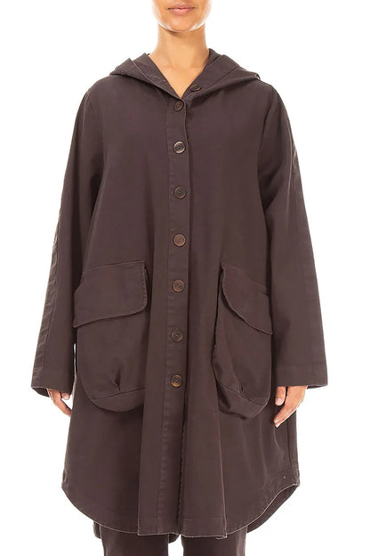 Hooded Truffle Brown Stretch Cotton Coat 1
