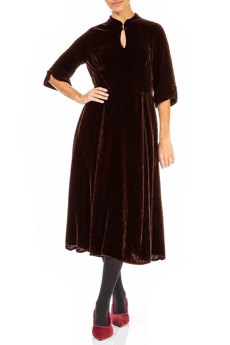 Keyhole Neck Aged Copper Silk Velvet Dress