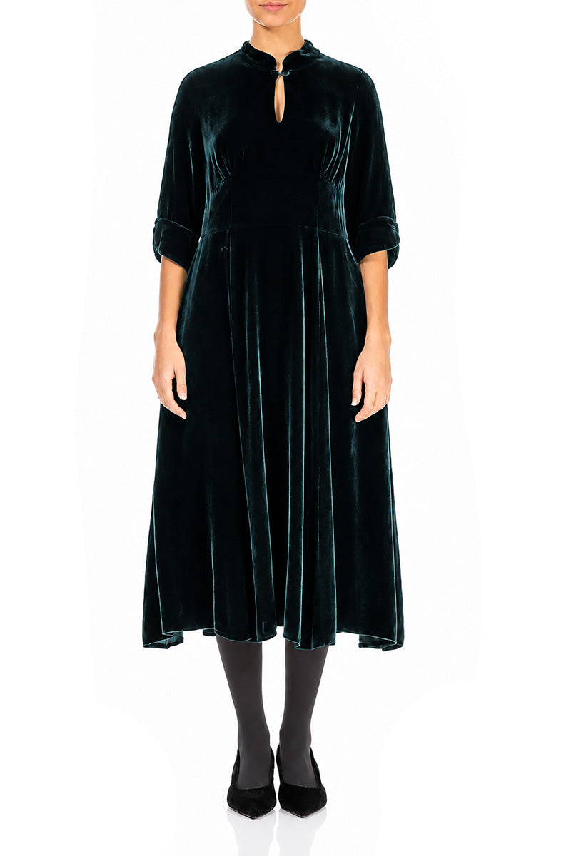 Keyhole Neck Deep Turquoise Silk Velvet Dress 1