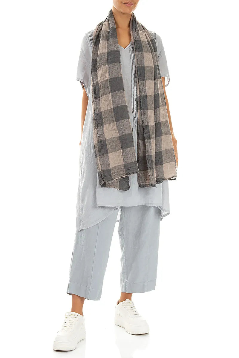 Large Check Beige Gauze Linen Scarf 2