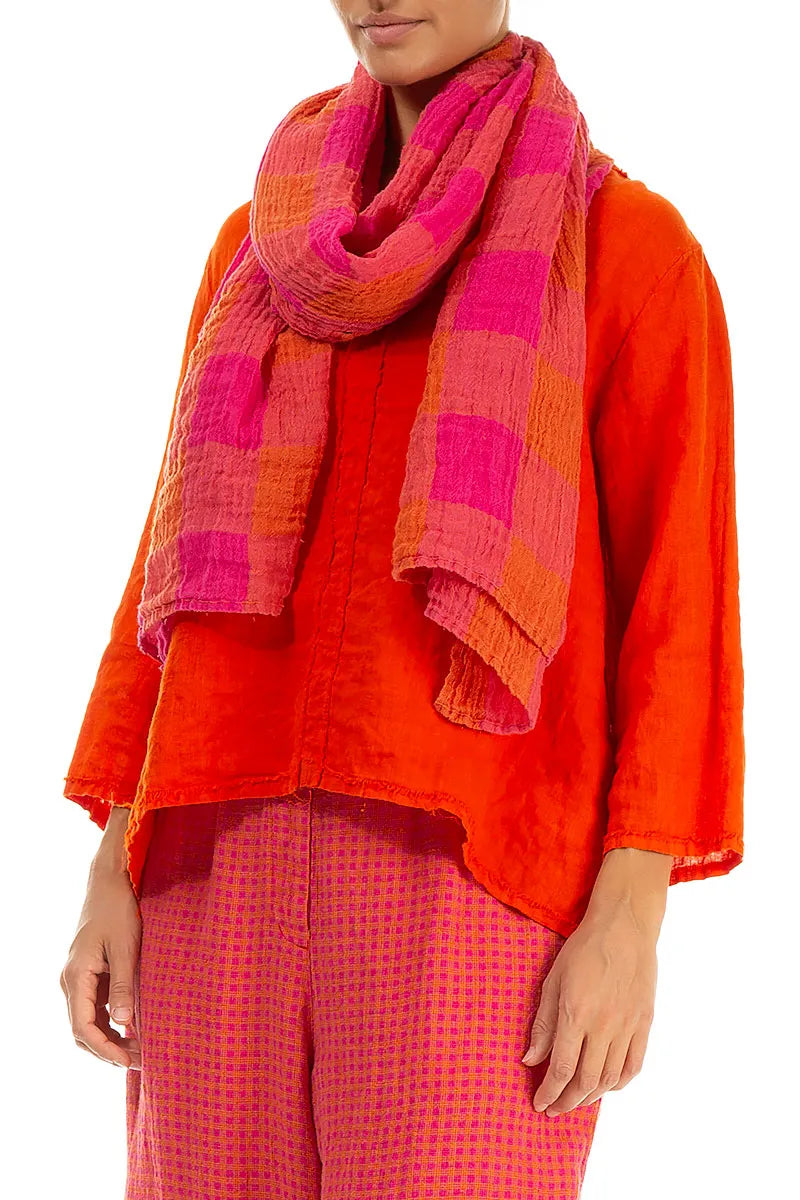 Large Check Pink Orange Gauze Linen Scarf 3