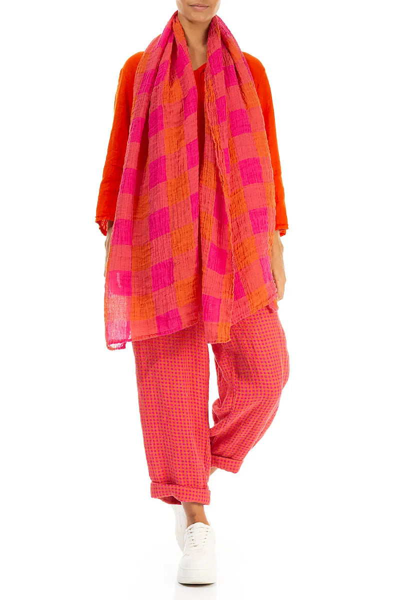 Large Check Pink Orange Gauze Linen Scarf 2