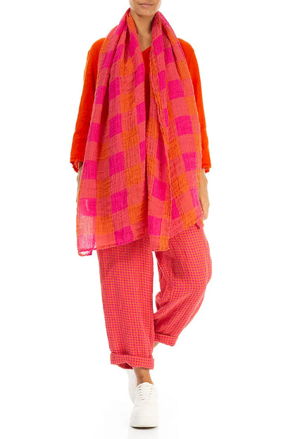 Large Check Pink Orange Gauze Linen Scarf 2